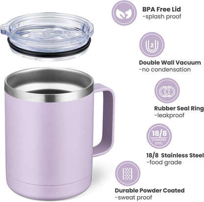 12oz Coffee Mug With Handle and Sliding Lid,Stainless Steel Travel Tumbler Cup with Handle,Double Wall Vacuum Insulated Camping Cup for Hot & Cold Drinks Tea (White, Set of 1
