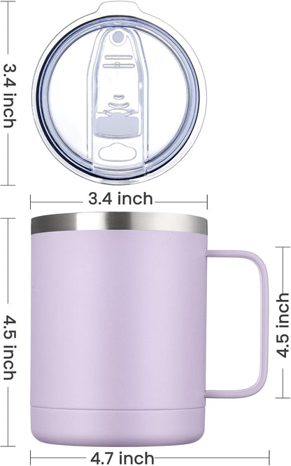 12oz Coffee Mug With Handle and Sliding Lid,Stainless Steel Travel Tumbler Cup with Handle,Double Wall Vacuum Insulated Camping Cup for Hot & Cold Drinks Tea (White, Set of 1