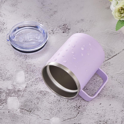 12oz Coffee Mug With Handle and Sliding Lid,Stainless Steel Travel Tumbler Cup with Handle,Double Wall Vacuum Insulated Camping Cup for Hot & Cold Drinks Tea (White, Set of 1