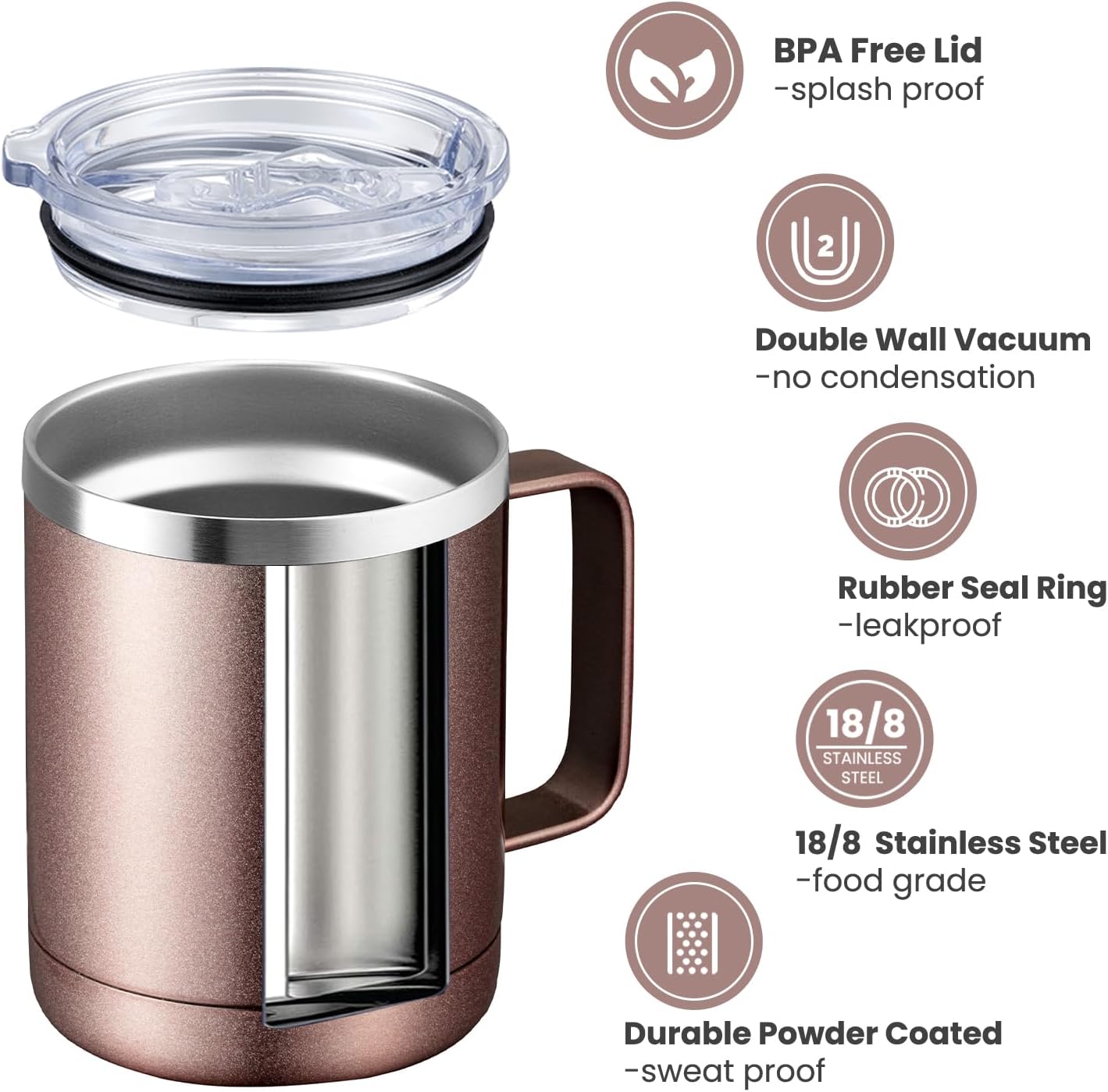 12oz Coffee Mug With Handle and Sliding Lid,Stainless Steel Travel Tumbler Cup with Handle,Double Wall Vacuum Insulated Camping Cup for Hot & Cold Drinks Tea (White, Set of 1