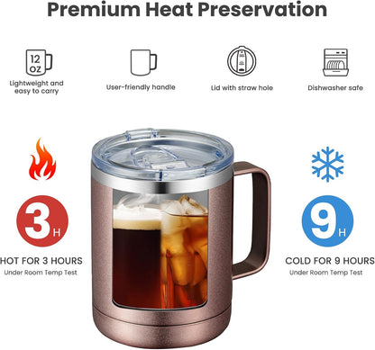 12oz Coffee Mug With Handle and Sliding Lid,Stainless Steel Travel Tumbler Cup with Handle,Double Wall Vacuum Insulated Camping Cup for Hot & Cold Drinks Tea (White, Set of 1