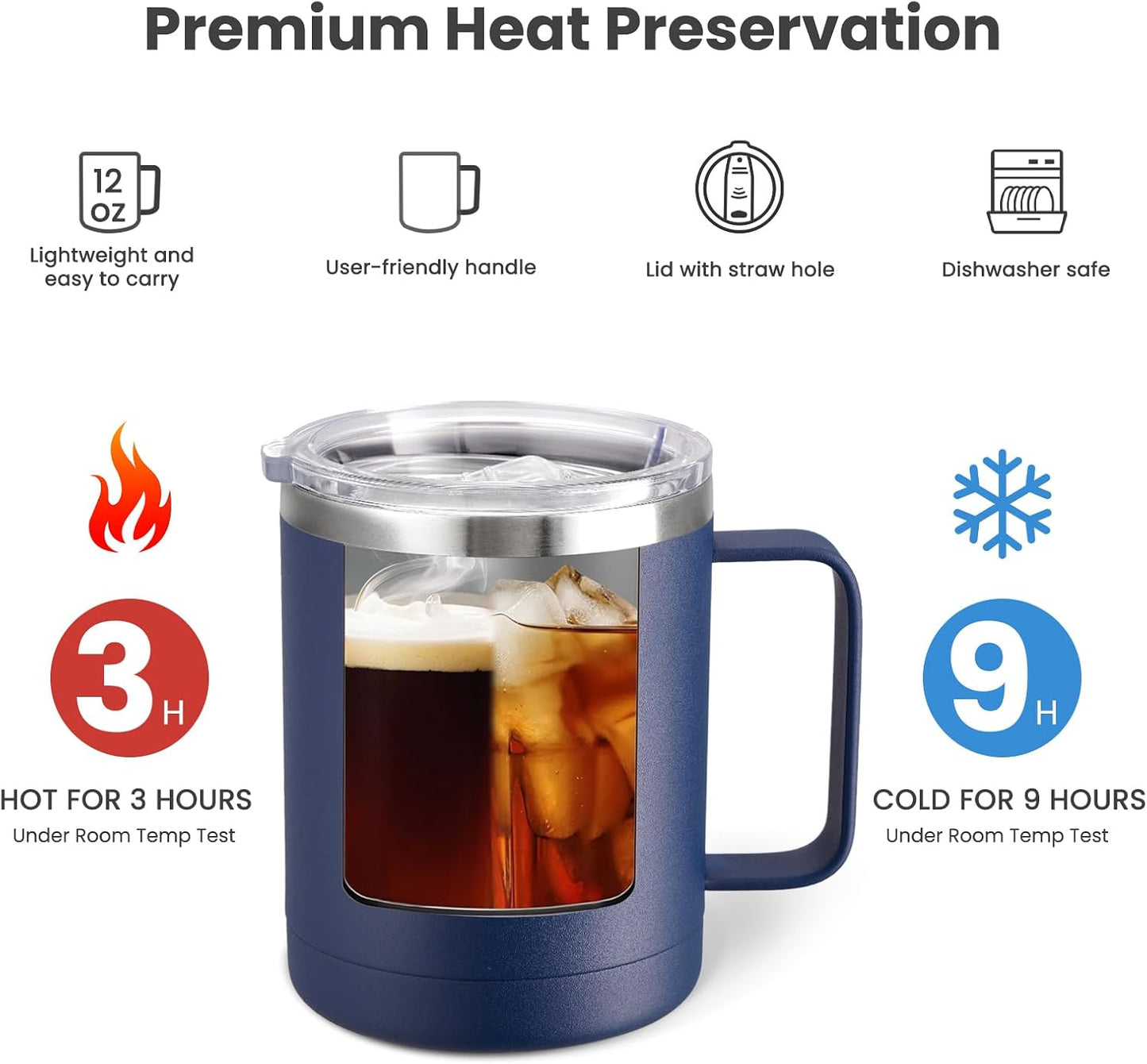 12oz Coffee Mug With Handle and Sliding Lid,Stainless Steel Travel Tumbler Cup with Handle,Double Wall Vacuum Insulated Camping Cup for Hot & Cold Drinks Tea (White, Set of 1
