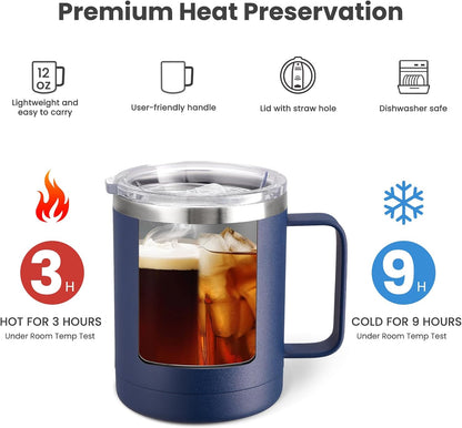 12oz Coffee Mug With Handle and Sliding Lid,Stainless Steel Travel Tumbler Cup with Handle,Double Wall Vacuum Insulated Camping Cup for Hot & Cold Drinks Tea (White, Set of 1