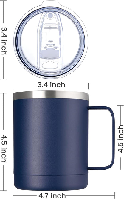 12oz Coffee Mug With Handle and Sliding Lid,Stainless Steel Travel Tumbler Cup with Handle,Double Wall Vacuum Insulated Camping Cup for Hot & Cold Drinks Tea (White, Set of 1