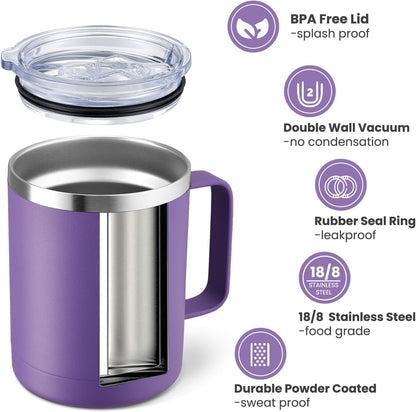12oz Coffee Mug With Handle and Sliding Lid,Stainless Steel Travel Tumbler Cup with Handle,Double Wall Vacuum Insulated Camping Cup for Hot & Cold Drinks Tea (White, Set of 1