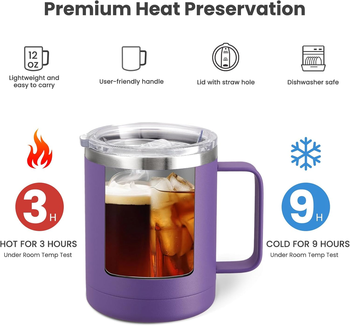 12oz Coffee Mug With Handle and Sliding Lid,Stainless Steel Travel Tumbler Cup with Handle,Double Wall Vacuum Insulated Camping Cup for Hot & Cold Drinks Tea (White, Set of 1