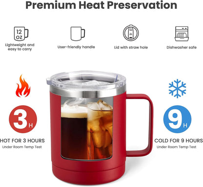 12oz Coffee Mug With Handle and Sliding Lid,Stainless Steel Travel Tumbler Cup with Handle,Double Wall Vacuum Insulated Camping Cup for Hot & Cold Drinks Tea (White, Set of 1