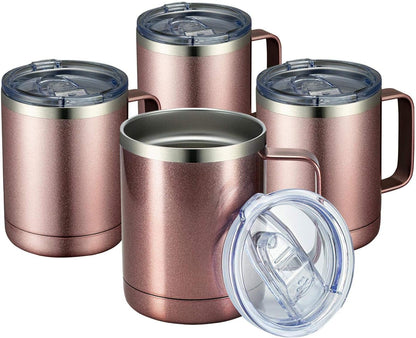 12oz Coffee Mug With Handle and Sliding Lid,Stainless Steel Travel Tumbler Cup with Handle,Double Wall Vacuum Insulated Camping Cup for Hot & Cold Drinks Tea (White, Set of 1