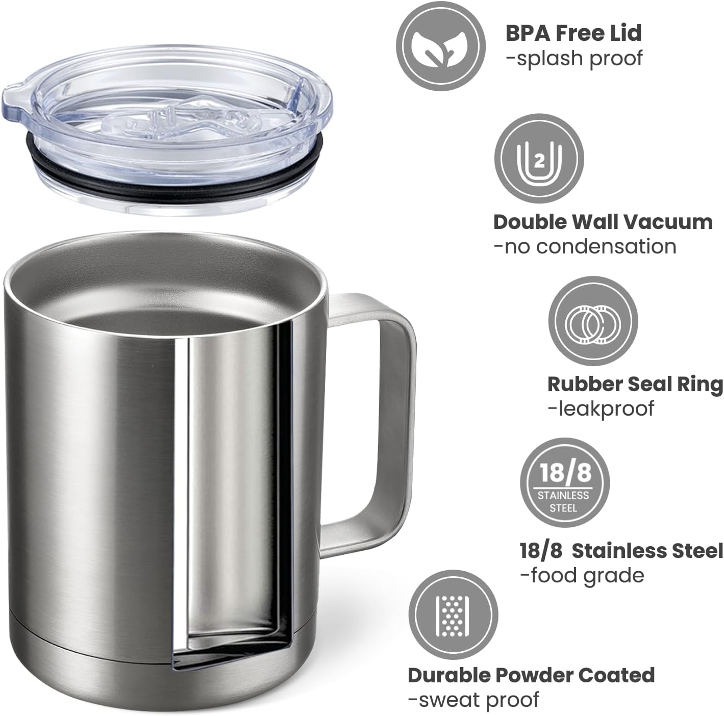 12oz Coffee Mug With Handle and Sliding Lid,Stainless Steel Travel Tumbler Cup with Handle,Double Wall Vacuum Insulated Camping Cup for Hot & Cold Drinks Tea (White, Set of 1