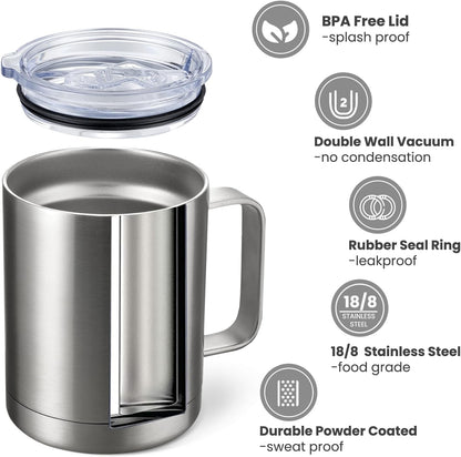 12oz Coffee Mug With Handle and Sliding Lid,Stainless Steel Travel Tumbler Cup with Handle,Double Wall Vacuum Insulated Camping Cup for Hot & Cold Drinks Tea (White, Set of 1