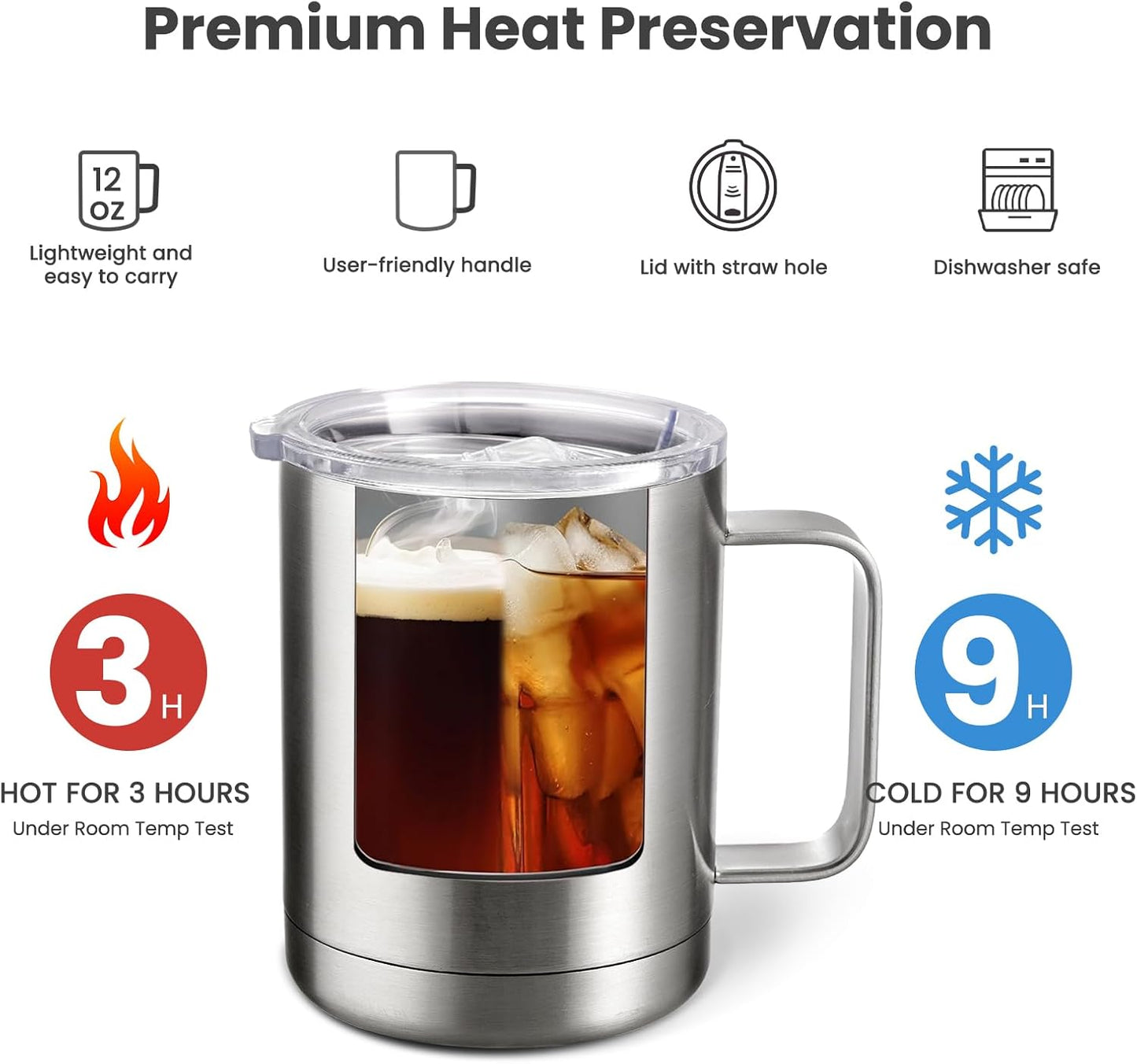 12oz Coffee Mug With Handle and Sliding Lid,Stainless Steel Travel Tumbler Cup with Handle,Double Wall Vacuum Insulated Camping Cup for Hot & Cold Drinks Tea (White, Set of 1