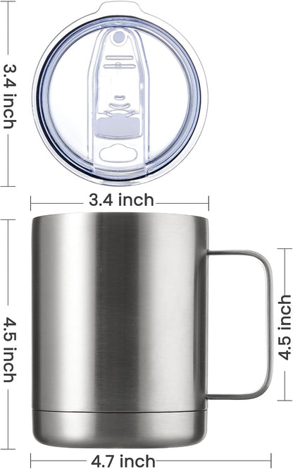 12oz Coffee Mug With Handle and Sliding Lid,Stainless Steel Travel Tumbler Cup with Handle,Double Wall Vacuum Insulated Camping Cup for Hot & Cold Drinks Tea (White, Set of 1