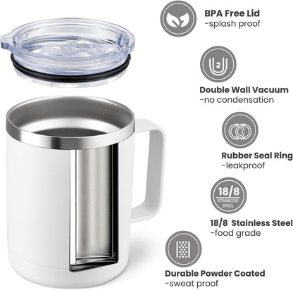 12oz Coffee Mug With Handle and Sliding Lid,Stainless Steel Travel Tumbler Cup with Handle,Double Wall Vacuum Insulated Camping Cup for Hot & Cold Drinks Tea (White, Set of 1