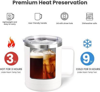 12oz Coffee Mug With Handle and Sliding Lid,Stainless Steel Travel Tumbler Cup with Handle,Double Wall Vacuum Insulated Camping Cup for Hot & Cold Drinks Tea (White, Set of 1