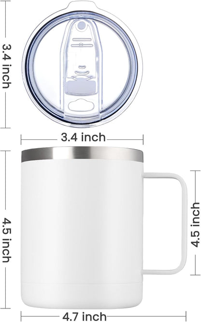 12oz Coffee Mug With Handle and Sliding Lid,Stainless Steel Travel Tumbler Cup with Handle,Double Wall Vacuum Insulated Camping Cup for Hot & Cold Drinks Tea (White, Set of 1