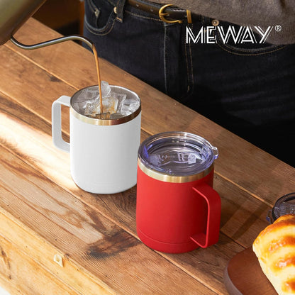 12oz Coffee Mug With Handle and Sliding Lid,Stainless Steel Travel Tumbler Cup with Handle,Double Wall Vacuum Insulated Camping Cup for Hot & Cold Drinks Tea (White, Set of 1