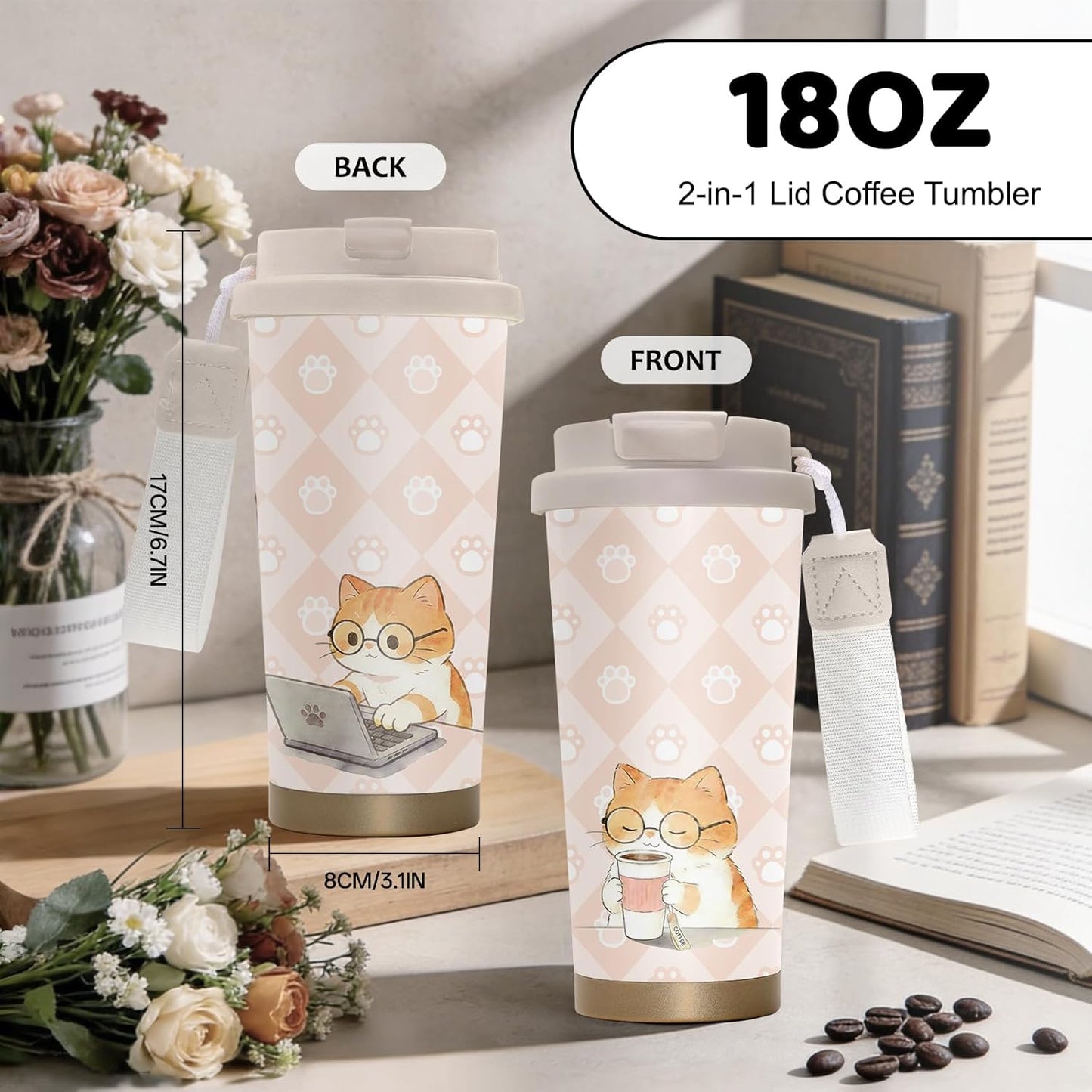 Cute Dog Gifts Stainless Steel 2-in-1 Lid Coffee Tumbler 19 oz Dog Paw Print Insulated Travel Coffee Mug Dogs Lovers Gifts for Women Birthday Christmas