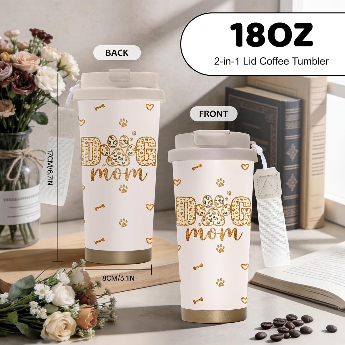 Cute Dog Gifts Stainless Steel 2-in-1 Lid Coffee Tumbler 19 oz Dog Paw Print Insulated Travel Coffee Mug Dogs Lovers Gifts for Women Birthday Christmas