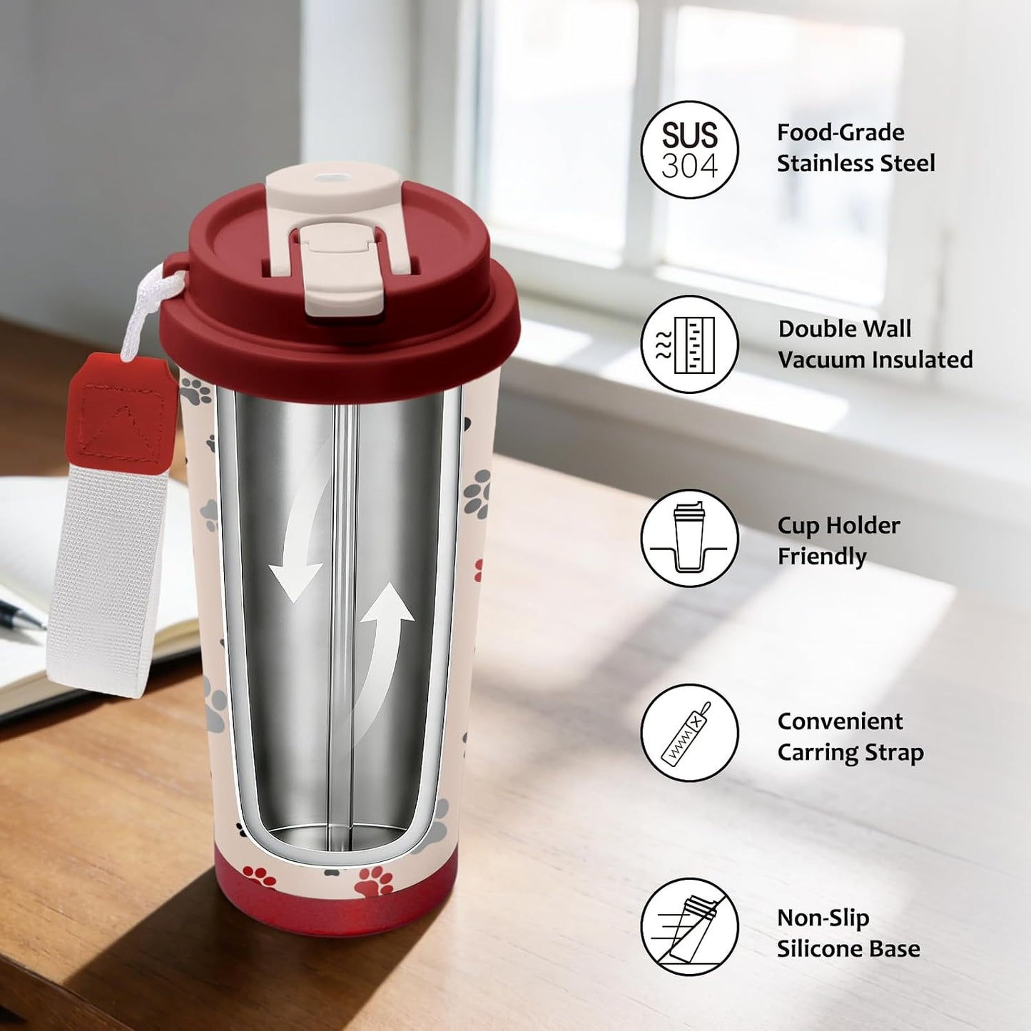 Cute Dog Gifts Stainless Steel 2-in-1 Lid Coffee Tumbler 19 oz Dog Paw Print Insulated Travel Coffee Mug Dogs Lovers Gifts for Women Birthday Christmas