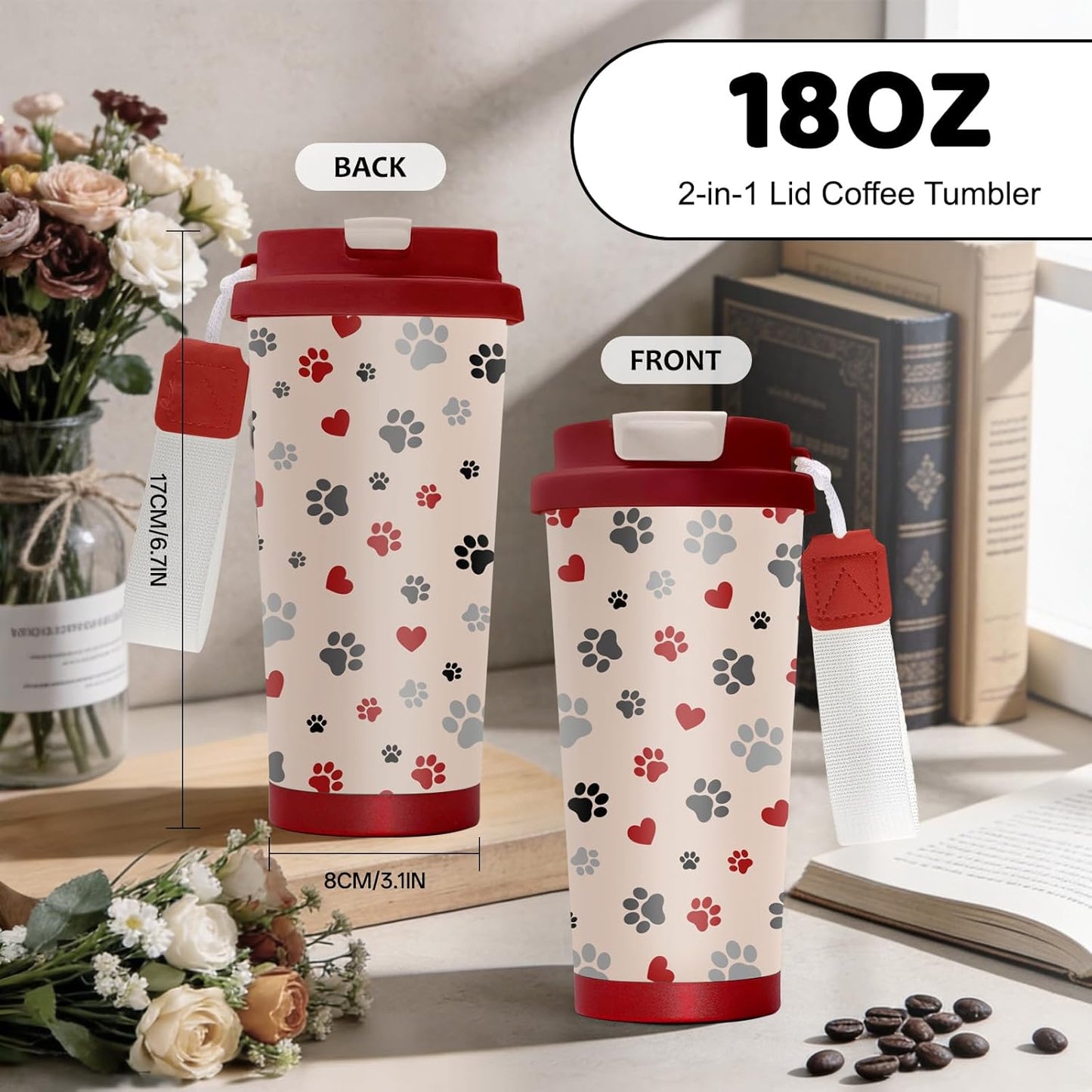 Cute Dog Gifts Stainless Steel 2-in-1 Lid Coffee Tumbler 19 oz Dog Paw Print Insulated Travel Coffee Mug Dogs Lovers Gifts for Women Birthday Christmas