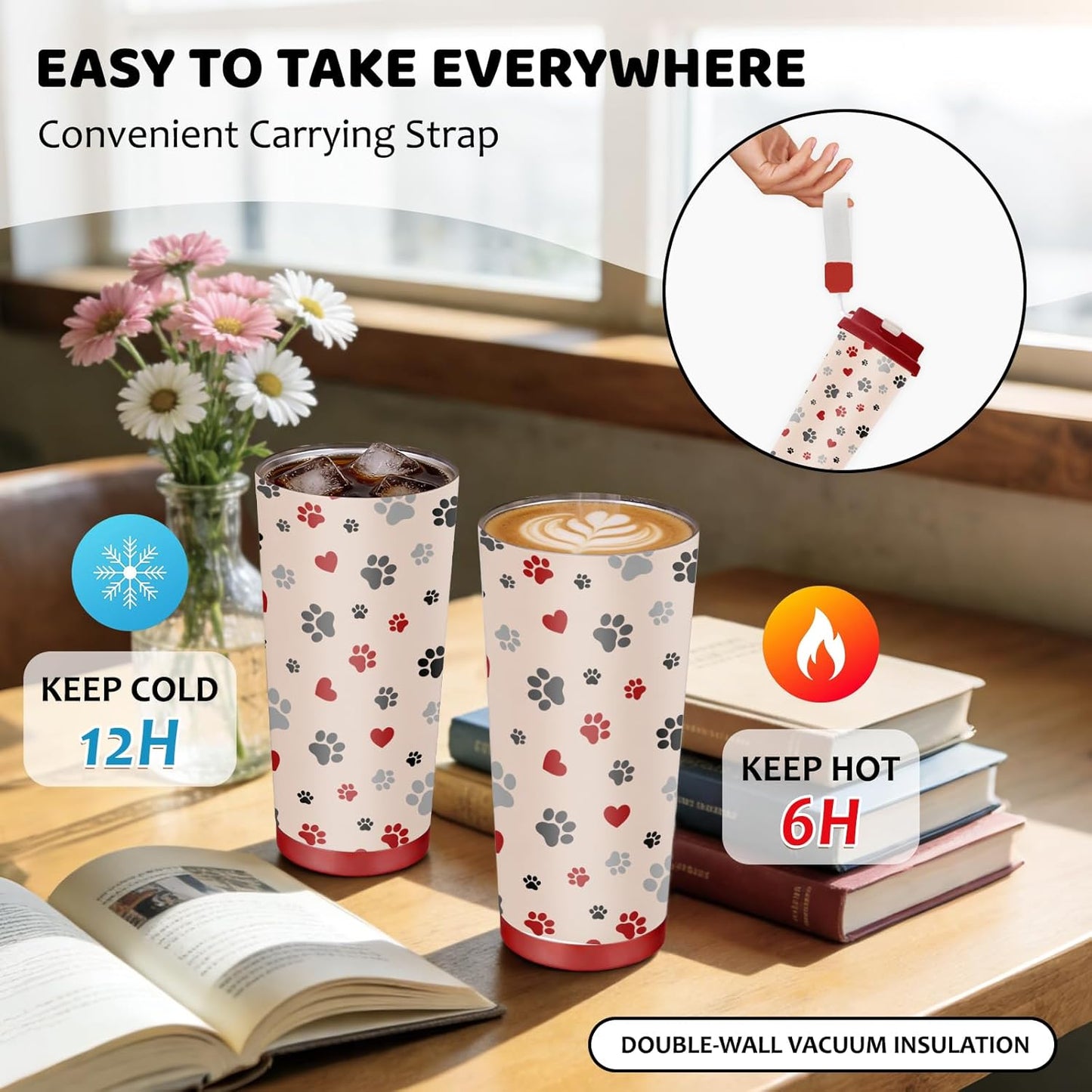 Cute Dog Gifts Stainless Steel 2-in-1 Lid Coffee Tumbler 19 oz Dog Paw Print Insulated Travel Coffee Mug Dogs Lovers Gifts for Women Birthday Christmas