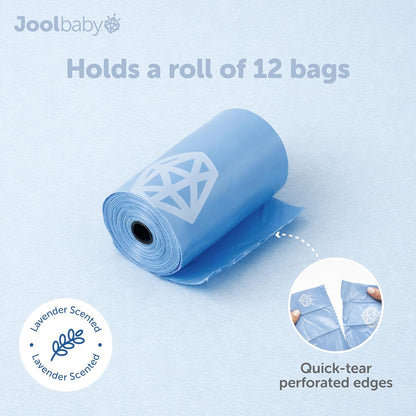 Disposable Diaper Bag Dispenser (Gray) + 6 Refill Rolls (Lavender-Scented) - Attaches to Stroller or Diaper Bag for On-the-Go Convenience