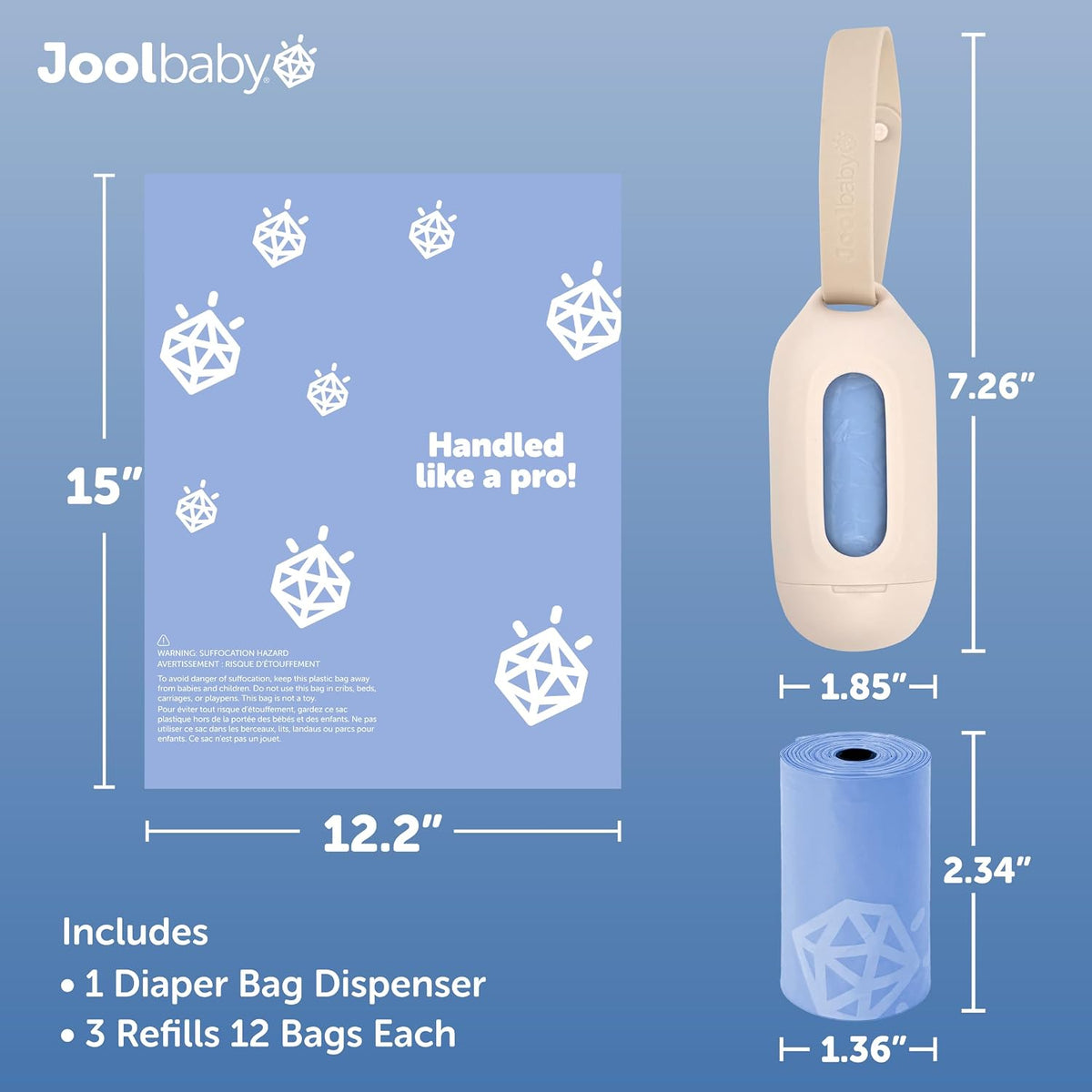Disposable Diaper Bag Dispenser (Gray) + 6 Refill Rolls (Lavender-Scented) - Attaches to Stroller or Diaper Bag for On-the-Go Convenience
