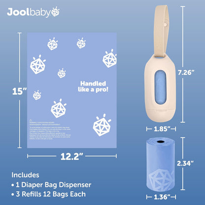 Disposable Diaper Bag Dispenser (Gray) + 6 Refill Rolls (Lavender-Scented) - Attaches to Stroller or Diaper Bag for On-the-Go Convenience