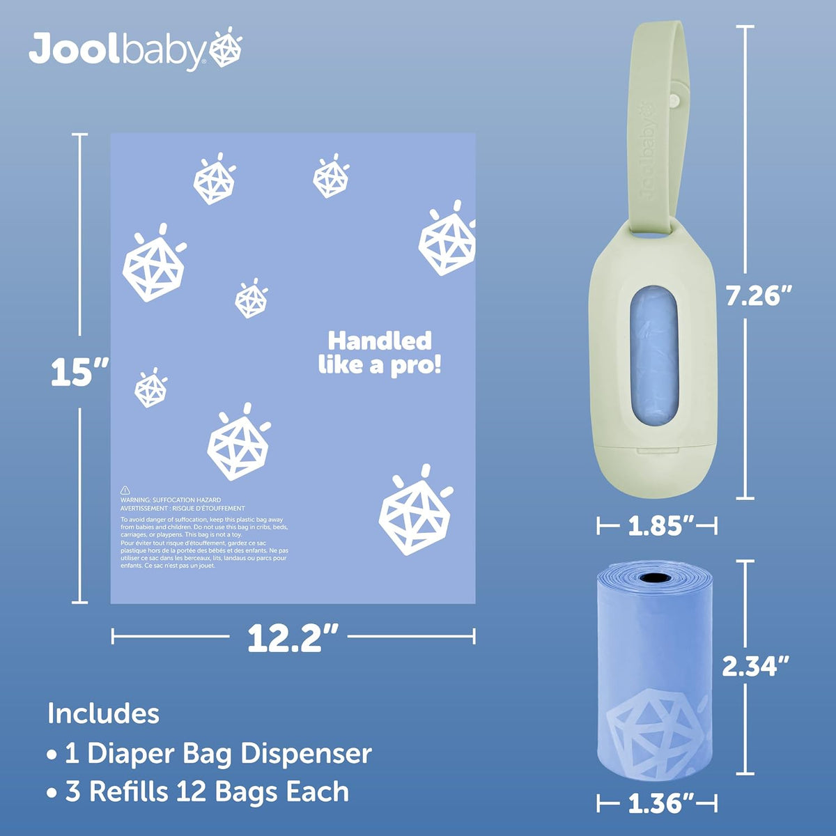 Disposable Diaper Bag Dispenser (Gray) + 6 Refill Rolls (Lavender-Scented) - Attaches to Stroller or Diaper Bag for On-the-Go Convenience