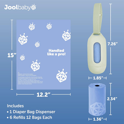 Disposable Diaper Bag Dispenser (Gray) + 6 Refill Rolls (Lavender-Scented) - Attaches to Stroller or Diaper Bag for On-the-Go Convenience