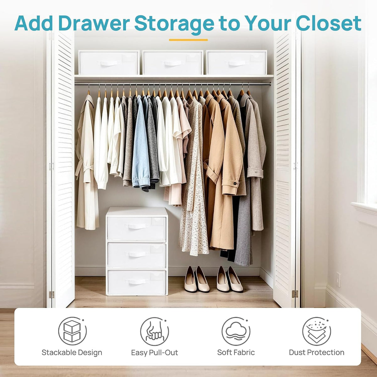 Closet Drawer Organizer, Stackable Fabric Drawers, White
