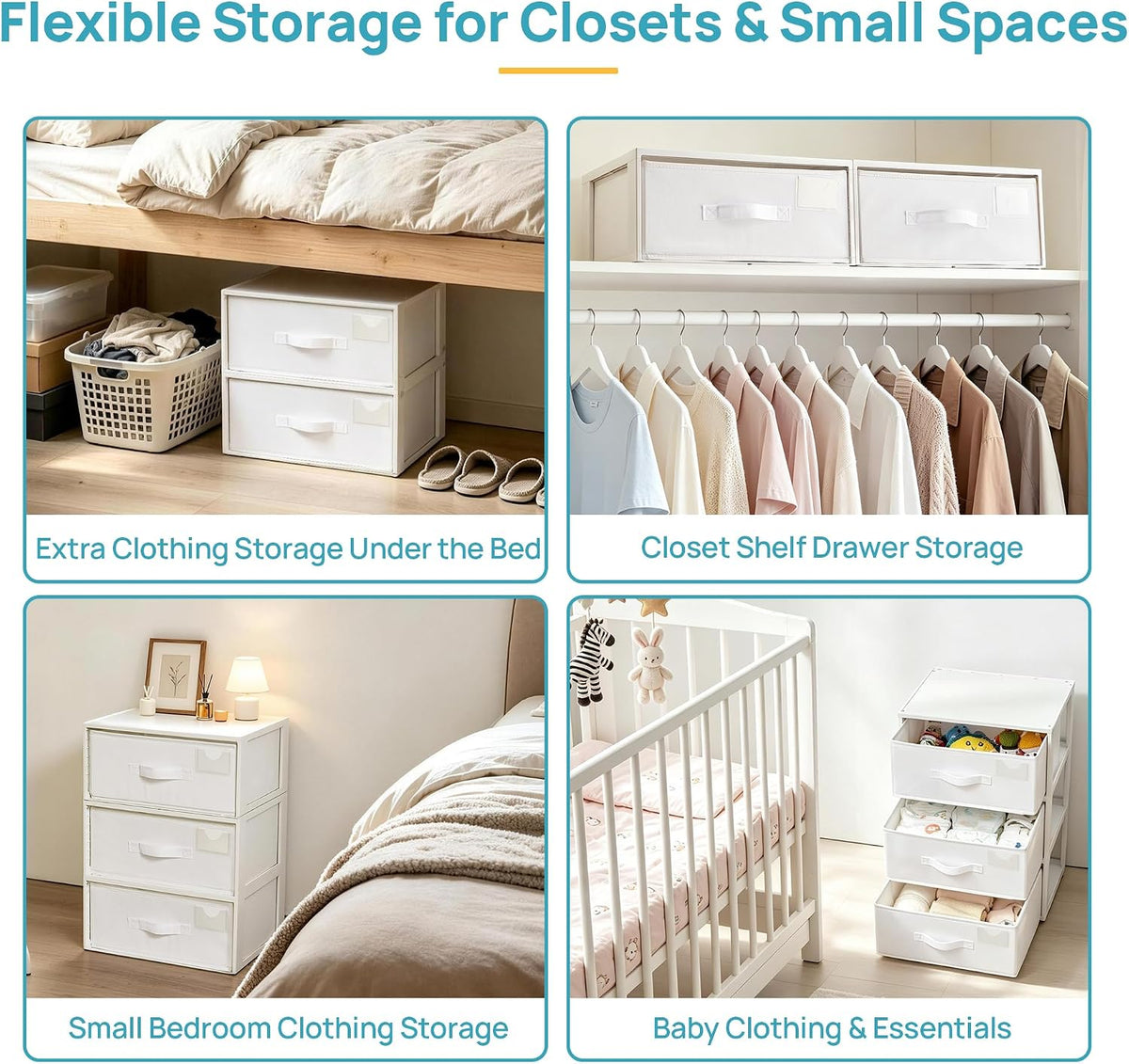 Closet Drawer Organizer, Stackable Fabric Drawers, White