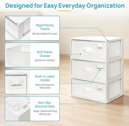Closet Drawer Organizer, Stackable Fabric Drawers, White
