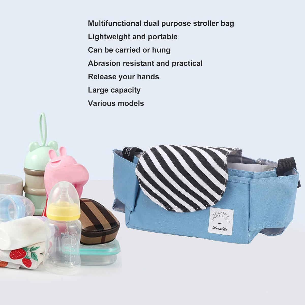 Universal Stroller Organizer, with Cup Holders Polyester Stroller Storage Bag Attachment for Phone Accessories Blue