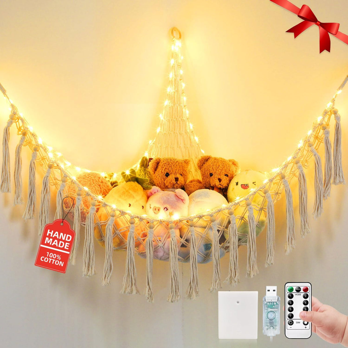 Stuffed Animal Hammock, 55in Storage Macrame Hammock with 75LEDs, Hanging Net for Kids Bedroom Doll Room Corner Organizer, USB Powered Plush Animal with Remote (Hot Pink, XL)