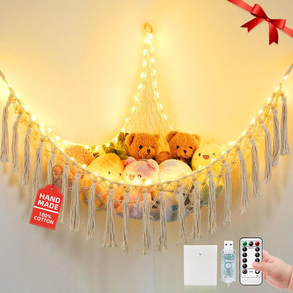 Stuffed Animal Hammock, 55in Storage Macrame Hammock with 75LEDs, Hanging Net for Kids Bedroom Doll Room Corner Organizer, USB Powered Plush Animal with Remote (Hot Pink, XL)
