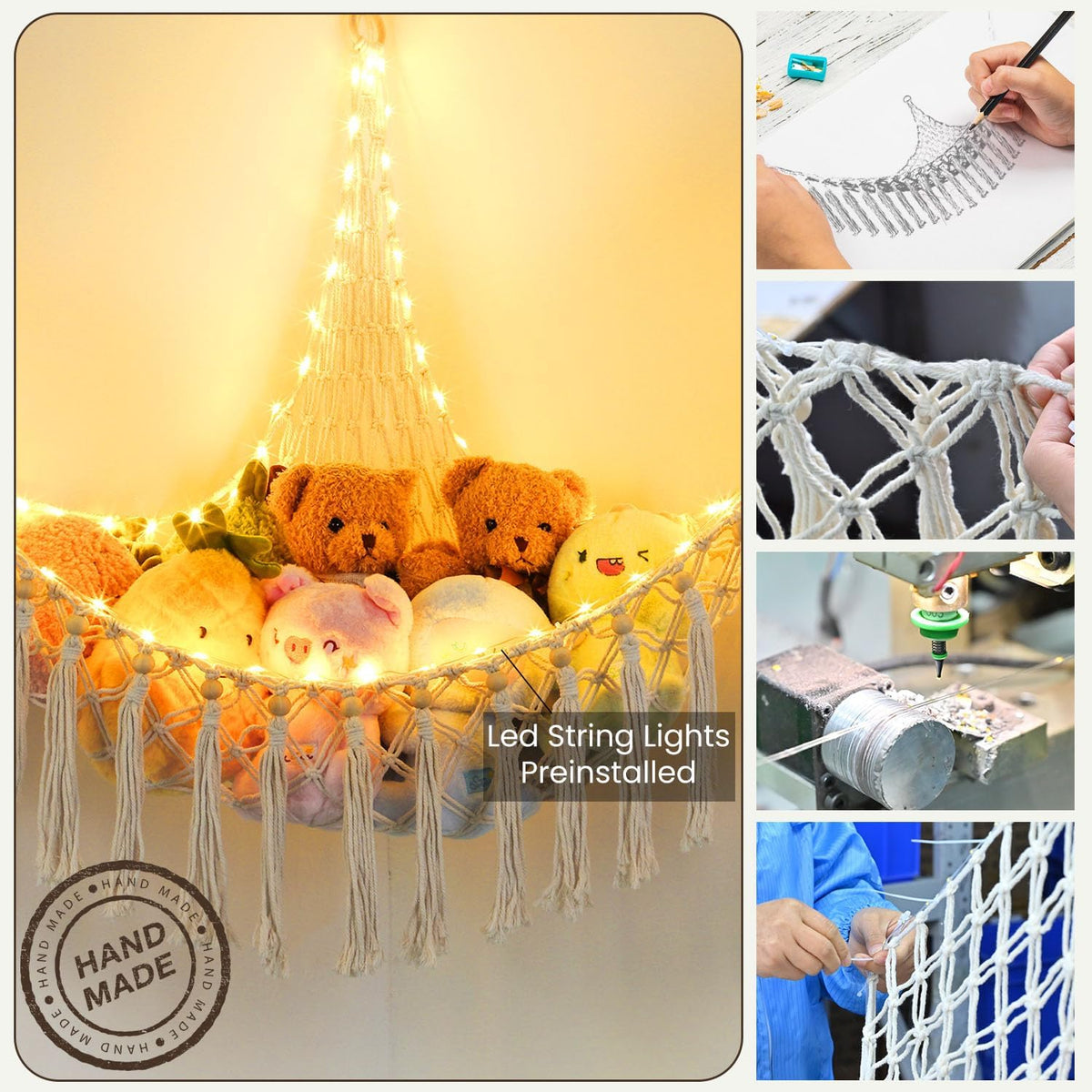 Stuffed Animal Hammock, 55in Storage Macrame Hammock with 75LEDs, Hanging Net for Kids Bedroom Doll Room Corner Organizer, USB Powered Plush Animal with Remote (Hot Pink, XL)