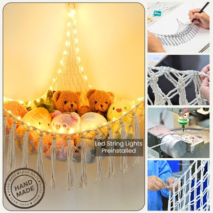 Stuffed Animal Hammock, 55in Storage Macrame Hammock with 75LEDs, Hanging Net for Kids Bedroom Doll Room Corner Organizer, USB Powered Plush Animal with Remote (Hot Pink, XL)