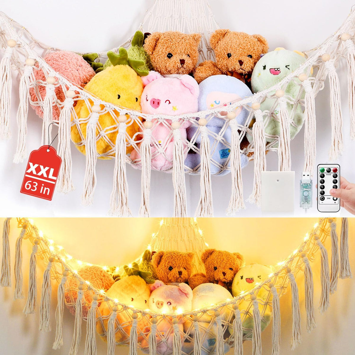 Stuffed Animal Hammock, 55in Storage Macrame Hammock with 75LEDs, Hanging Net for Kids Bedroom Doll Room Corner Organizer, USB Powered Plush Animal with Remote (Hot Pink, XL)