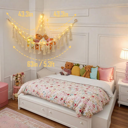 Stuffed Animal Hammock, 55in Storage Macrame Hammock with 75LEDs, Hanging Net for Kids Bedroom Doll Room Corner Organizer, USB Powered Plush Animal with Remote (Hot Pink, XL)