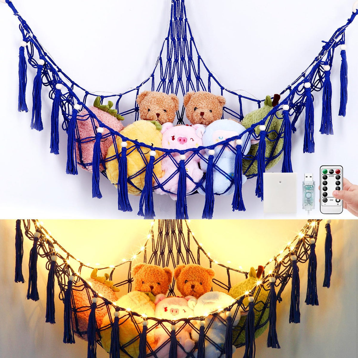 Stuffed Animal Hammock, 55in Storage Macrame Hammock with 75LEDs, Hanging Net for Kids Bedroom Doll Room Corner Organizer, USB Powered Plush Animal with Remote (Hot Pink, XL)