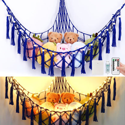 Stuffed Animal Hammock, 55in Storage Macrame Hammock with 75LEDs, Hanging Net for Kids Bedroom Doll Room Corner Organizer, USB Powered Plush Animal with Remote (Hot Pink, XL)