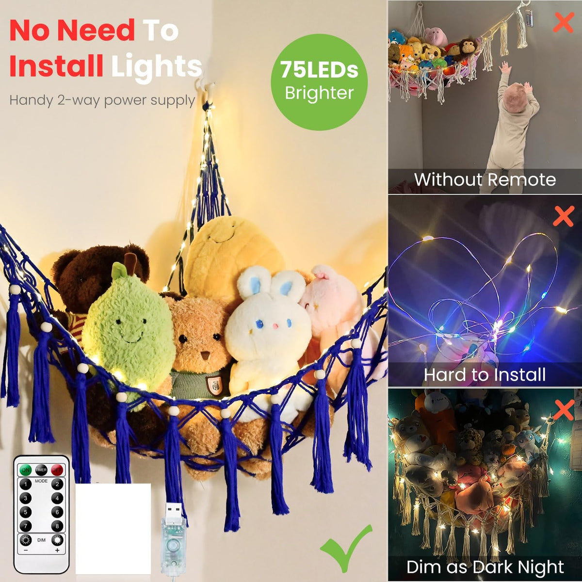 Stuffed Animal Hammock, 55in Storage Macrame Hammock with 75LEDs, Hanging Net for Kids Bedroom Doll Room Corner Organizer, USB Powered Plush Animal with Remote (Hot Pink, XL)