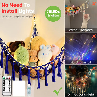 Stuffed Animal Hammock, 55in Storage Macrame Hammock with 75LEDs, Hanging Net for Kids Bedroom Doll Room Corner Organizer, USB Powered Plush Animal with Remote (Hot Pink, XL)