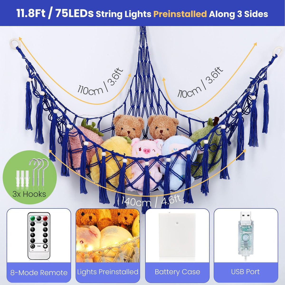 Stuffed Animal Hammock, 55in Storage Macrame Hammock with 75LEDs, Hanging Net for Kids Bedroom Doll Room Corner Organizer, USB Powered Plush Animal with Remote (Hot Pink, XL)