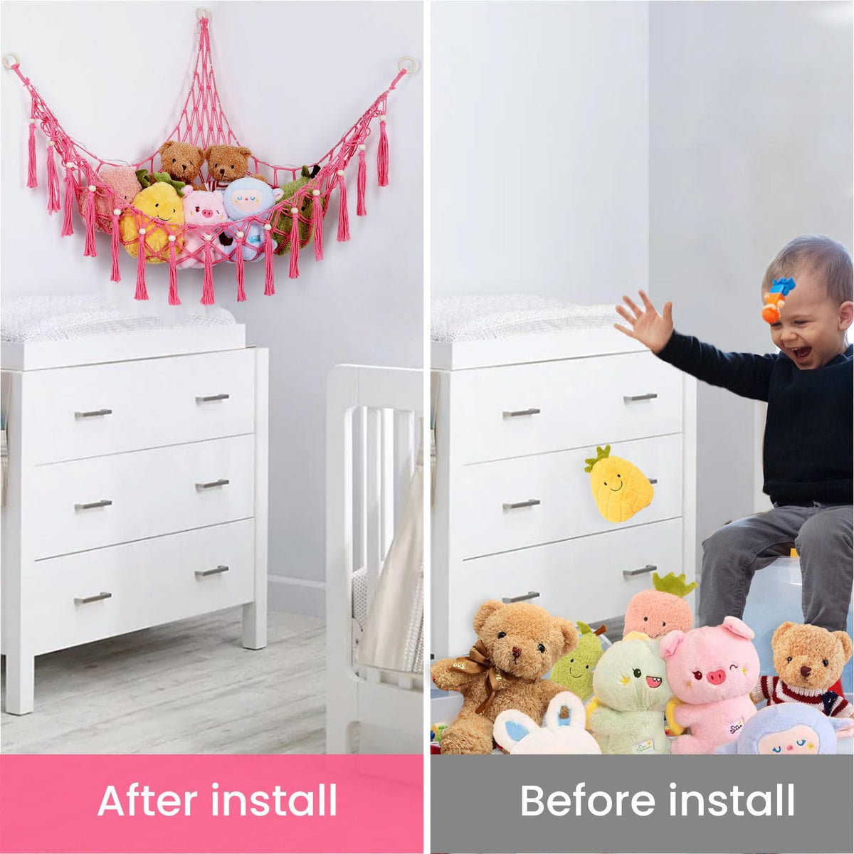 Stuffed Animal Hammock, 55in Storage Macrame Hammock with 75LEDs, Hanging Net for Kids Bedroom Doll Room Corner Organizer, USB Powered Plush Animal with Remote (Hot Pink, XL)