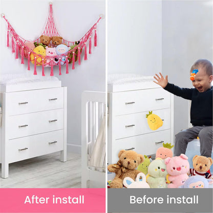 Stuffed Animal Hammock, 55in Storage Macrame Hammock with 75LEDs, Hanging Net for Kids Bedroom Doll Room Corner Organizer, USB Powered Plush Animal with Remote (Hot Pink, XL)