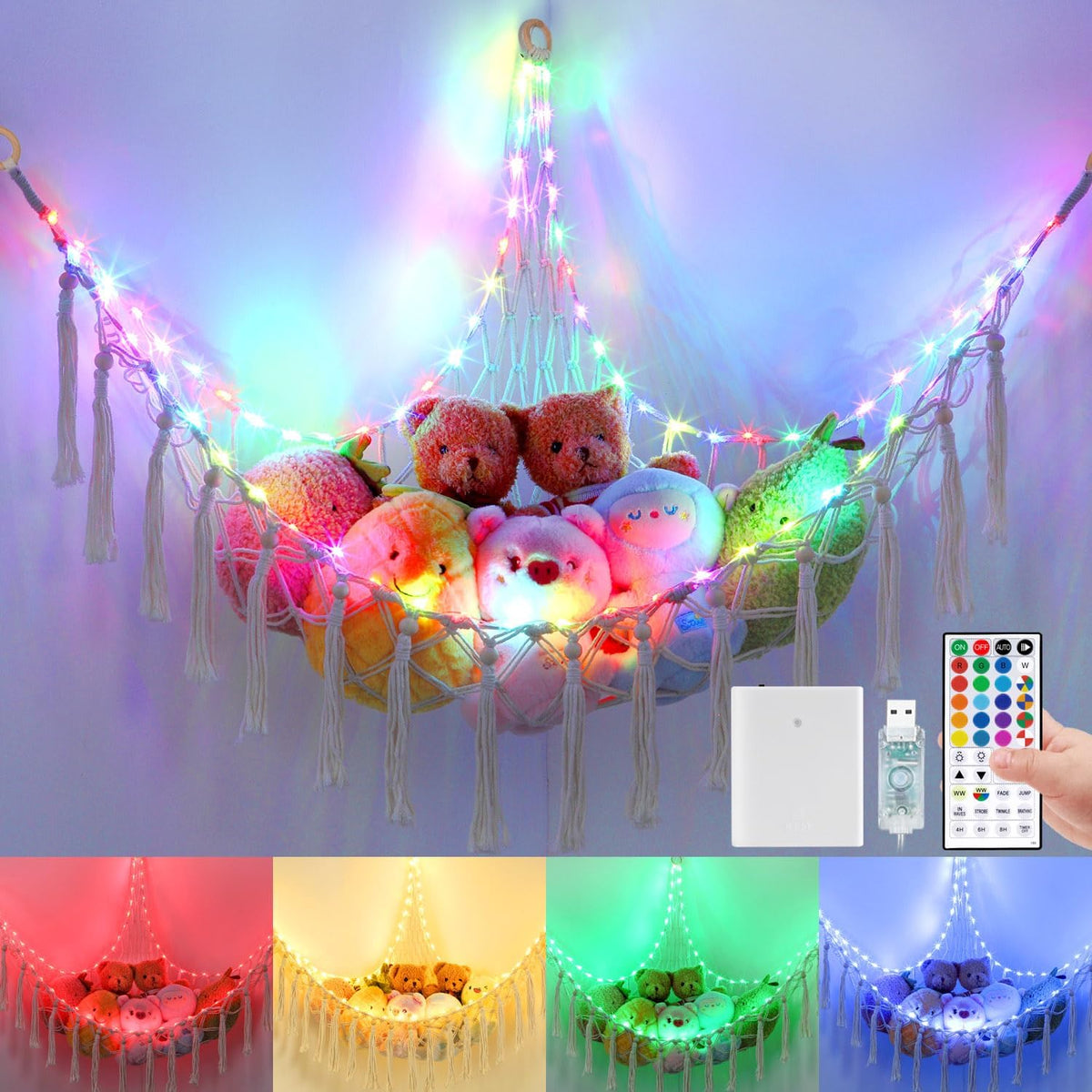 Stuffed Animal Hammock, 55in Storage Macrame Hammock with 75LEDs, Hanging Net for Kids Bedroom Doll Room Corner Organizer, USB Powered Plush Animal with Remote (Hot Pink, XL)