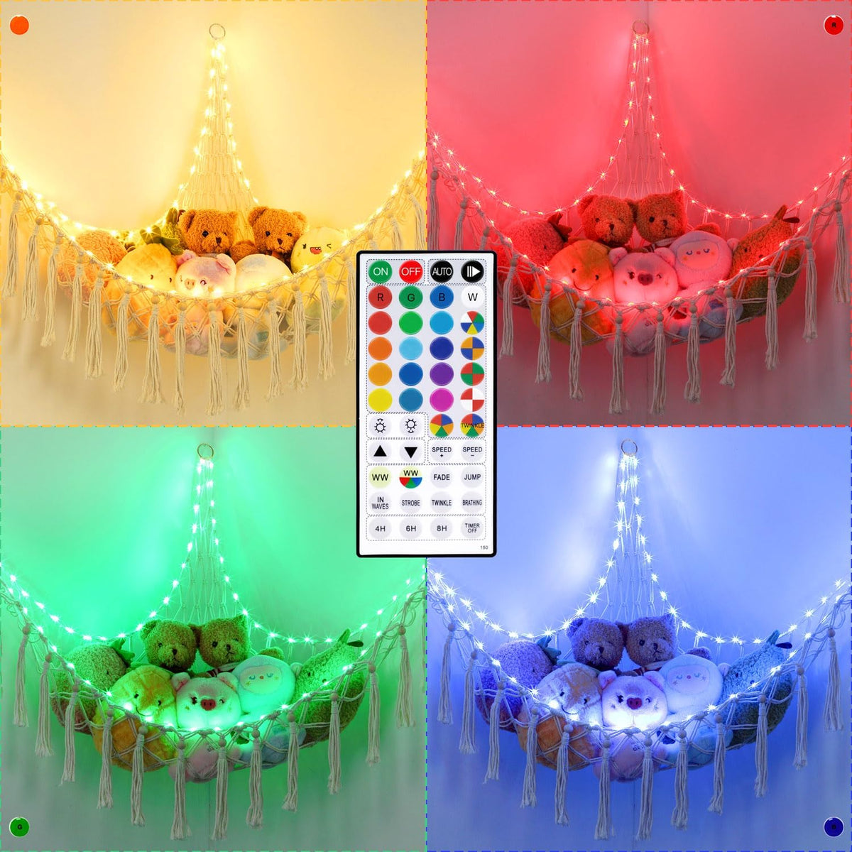 Stuffed Animal Hammock, 55in Storage Macrame Hammock with 75LEDs, Hanging Net for Kids Bedroom Doll Room Corner Organizer, USB Powered Plush Animal with Remote (Hot Pink, XL)