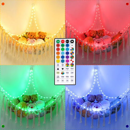Stuffed Animal Hammock, 55in Storage Macrame Hammock with 75LEDs, Hanging Net for Kids Bedroom Doll Room Corner Organizer, USB Powered Plush Animal with Remote (Hot Pink, XL)